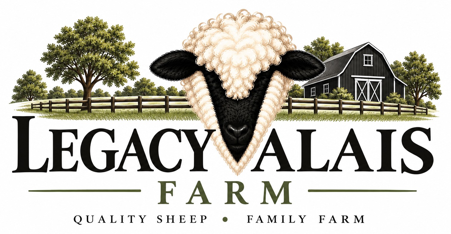Legacy Valais Farm — a Valais Blacknose face forming the V, with a black barn, fence and trees behind. Quality Sheep · Family Farm.